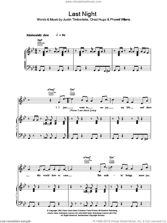 Last Night sheet music for voice, piano or guitar by Justin Timberlake, Chad Hugo and Pharrell Williams, intermediate skill level