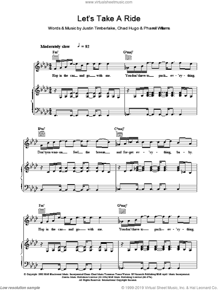 Let's Take A Ride sheet music for voice, piano or guitar by Justin Timberlake, Chad Hugo and Pharrell Williams, intermediate skill level