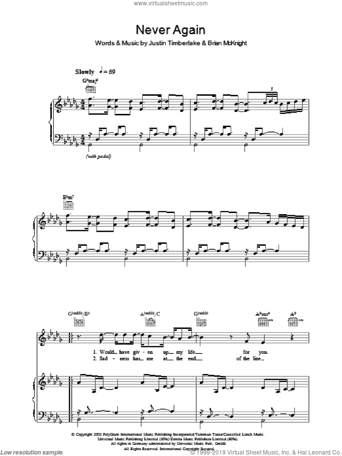 Never Again sheet music for voice, piano or guitar by Justin Timberlake and Brian McKnight, intermediate skill level