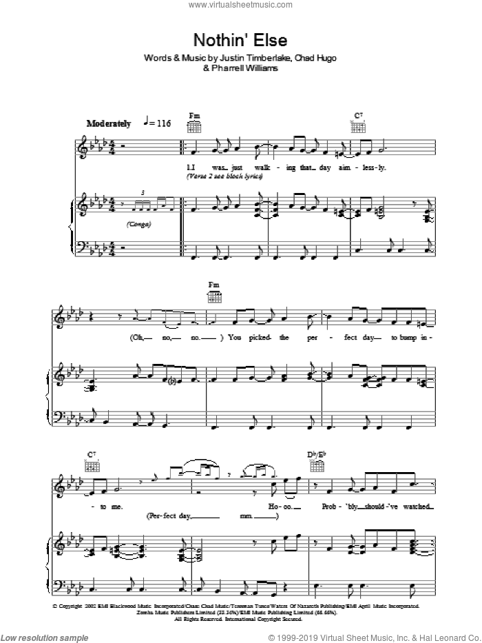 Nothin' Else sheet music for voice, piano or guitar by Justin Timberlake, Charles Hugo and Pharrell Williams, intermediate skill level
