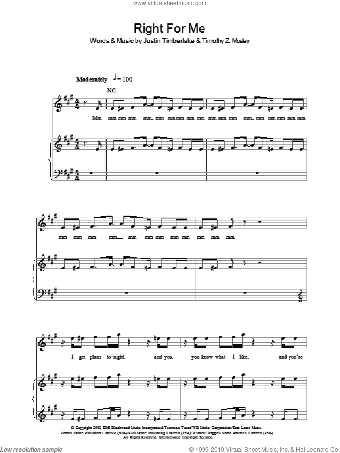 Right For Me sheet music for voice, piano or guitar by Justin Timberlake, Tim Mosley and Warren Mathis, intermediate skill level