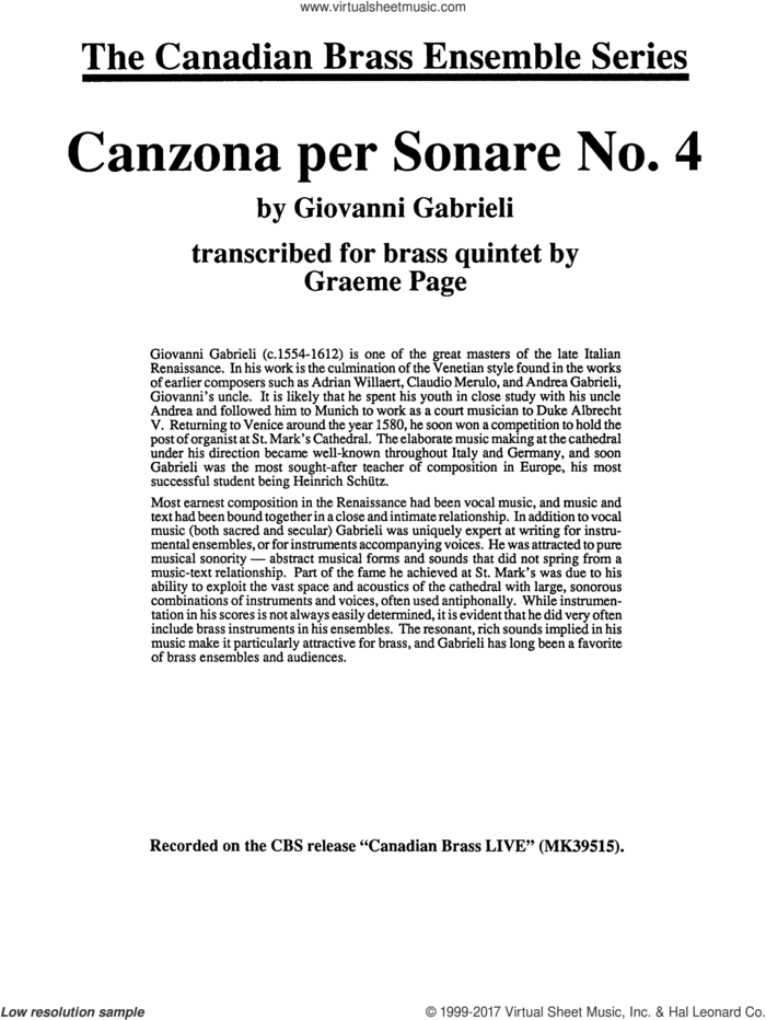 Canzona Per Sonare No. 4 (COMPLETE) sheet music for brass quintet by G. Gabrieli and Graeme Page, classical score, intermediate skill level
