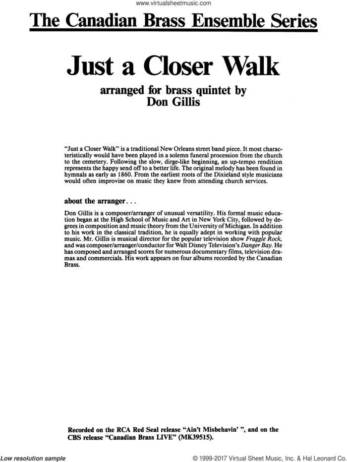 Just A Closer Walk With Thee (COMPLETE) sheet music for brass quintet by Don Gillis and Miscellaneous, classical score, intermediate skill level