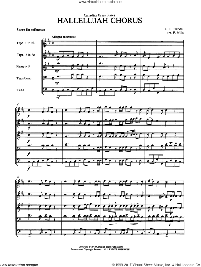 Hallelujah Chorus (COMPLETE) sheet music for brass quintet by George Frideric Handel and Frederick Mills, classical score, intermediate skill level