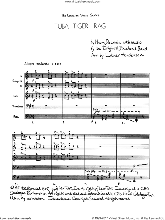 Tuba Tiger Rag (COMPLETE) sheet music for brass quintet by Luther Henderson and Harry DeCosta, intermediate skill level