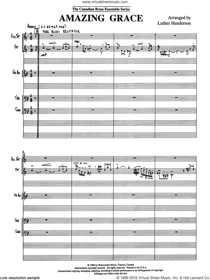 Amazing Grace (COMPLETE) sheet music for brass quintet by Luther Henderson and Miscellaneous, intermediate skill level