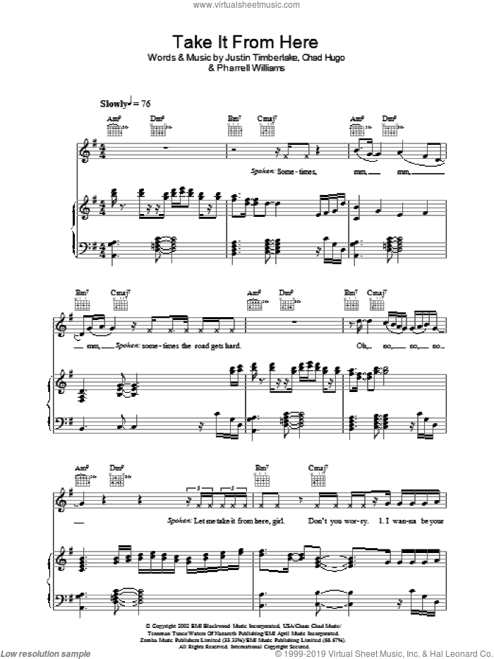 Take It From Here sheet music for voice, piano or guitar by Justin Timberlake, Chad Hugo and Pharrell Williams, intermediate skill level