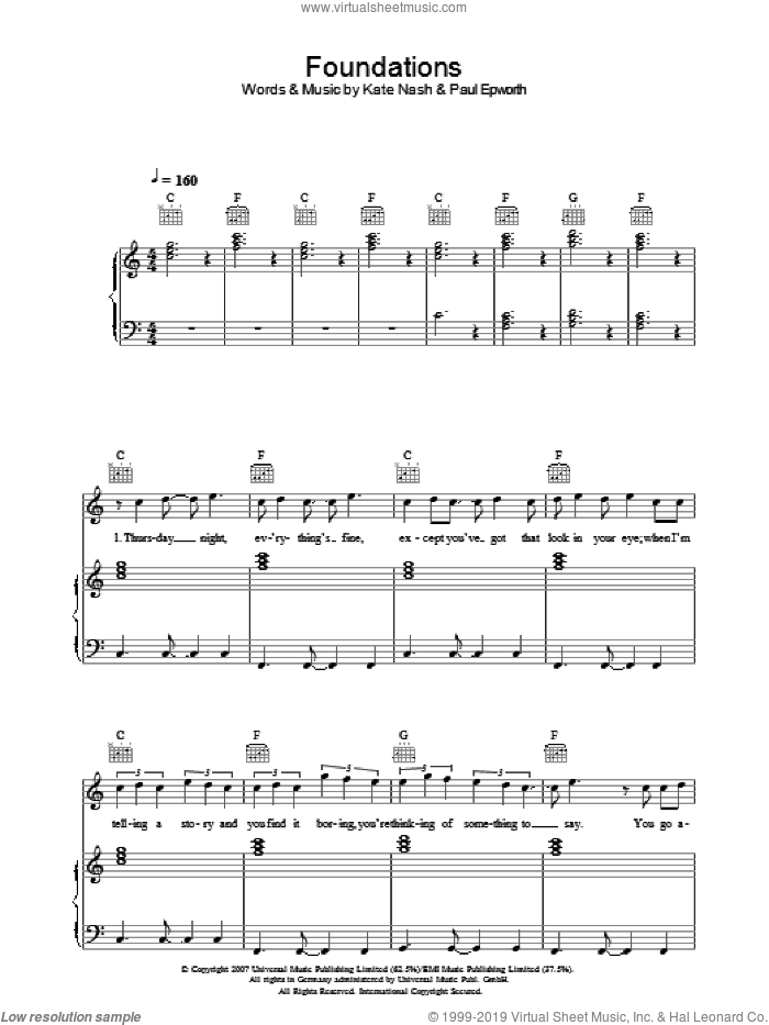 Foundations sheet music for voice, piano or guitar by Kate Nash and Paul Epworth, intermediate skill level