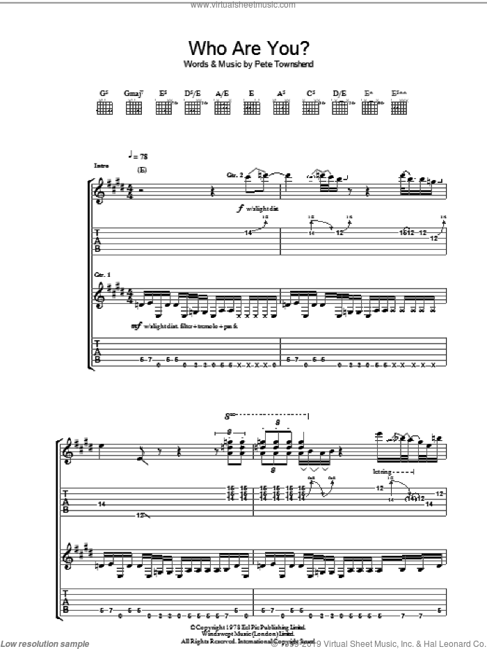 Who Are You? sheet music for guitar (tablature) by The Who and Pete Townshend, intermediate skill level
