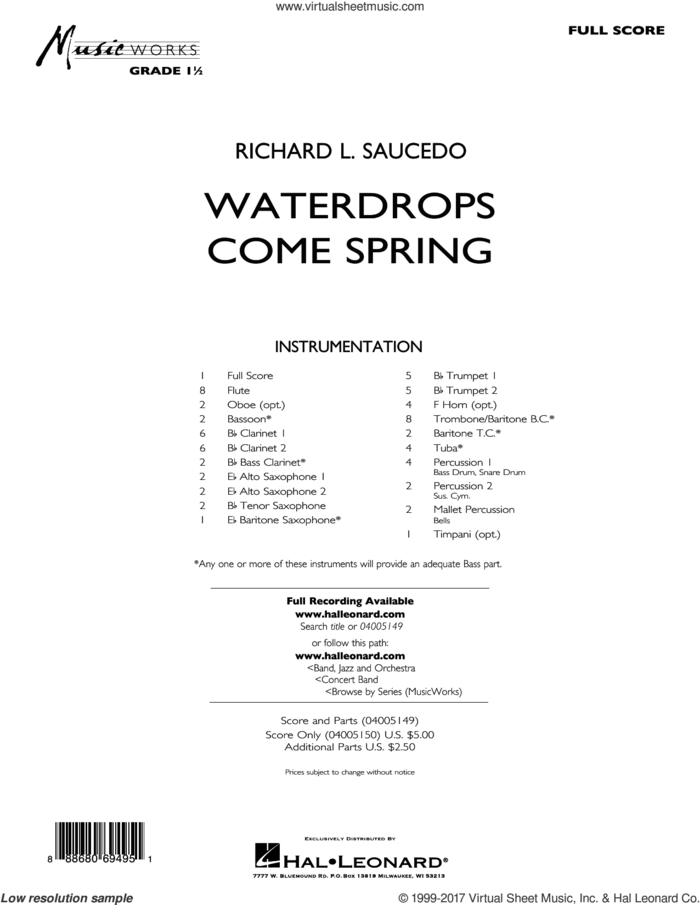 Waterdrops Come Spring (COMPLETE) sheet music for concert band by Richard L. Saucedo, intermediate skill level