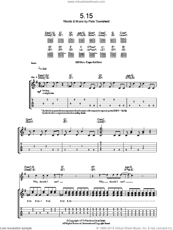 5:15 sheet music for guitar (tablature) by The Who and Pete Townshend, intermediate skill level