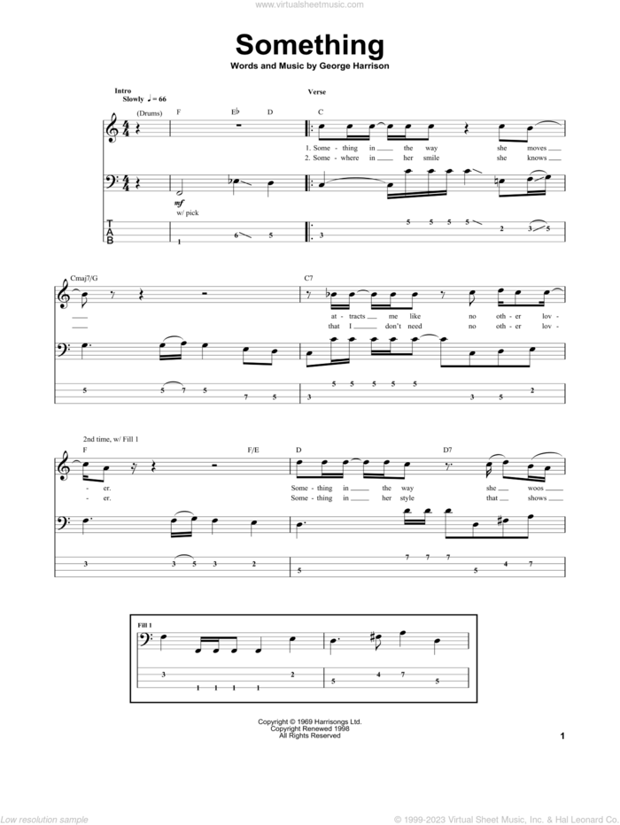 Something sheet music for bass (tablature) (bass guitar) by The Beatles and George Harrison, intermediate skill level