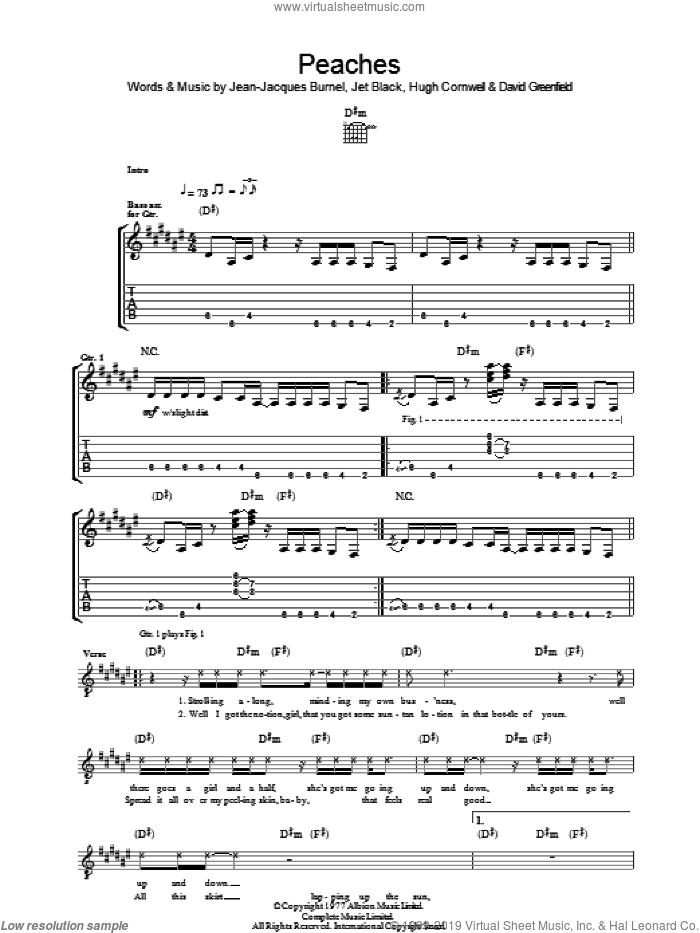 Peaches sheet music for guitar (tablature) by The Stranglers, David Greenfield, Hugh Cornwell, Jean-Jacques Burnel and Jet Black, intermediate skill level
