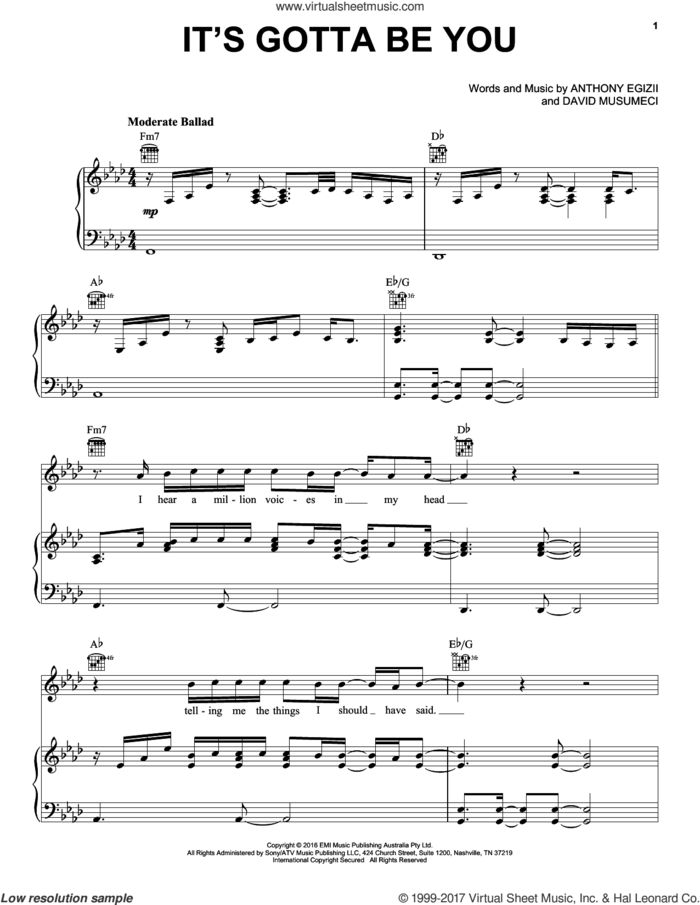 It's Gotta Be You sheet music for voice, piano or guitar by Isaiah, Anthony Egizii and David Musumeci, intermediate skill level