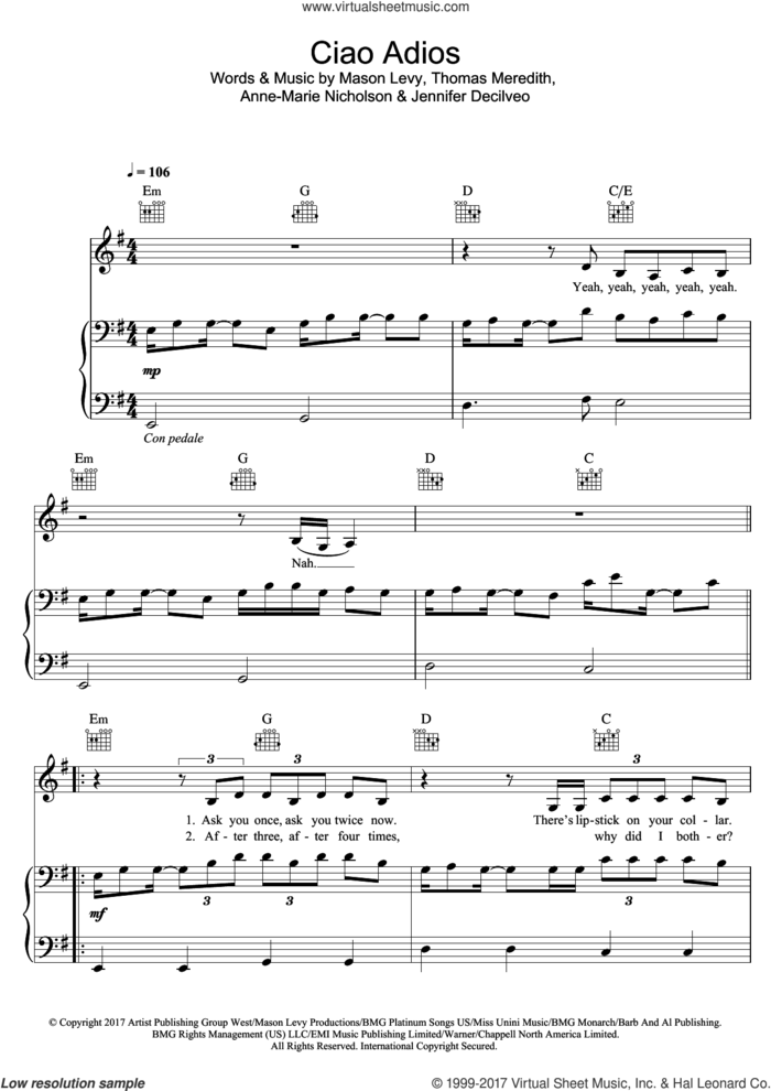 Ciao Adios sheet music for voice, piano or guitar by Anne-Marie, Anne-Marie Nicholson, Jennifer Decilveo, Mason Levy and Thomas Meredith, intermediate skill level