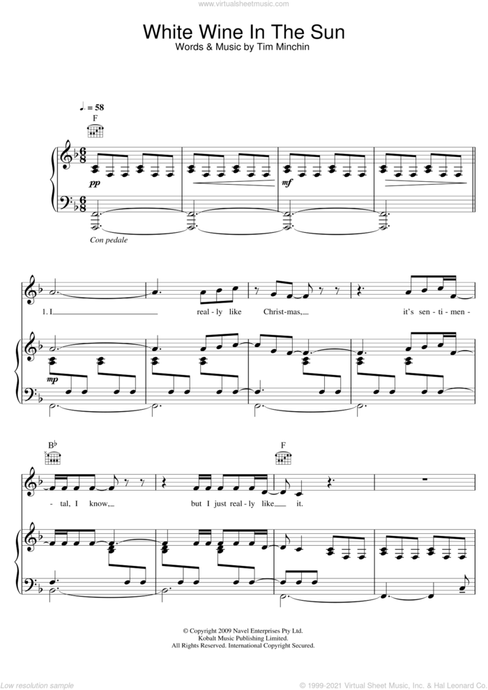 White Wine In The Sun sheet music for voice, piano or guitar by Tim Minchin, intermediate skill level