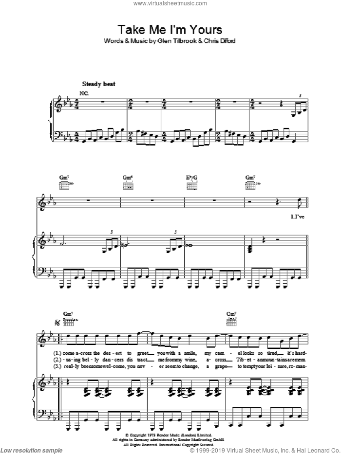 Take Me I'm Yours sheet music for voice, piano or guitar by Squeeze, Chris Difford and Glenn Tilbrook, intermediate skill level