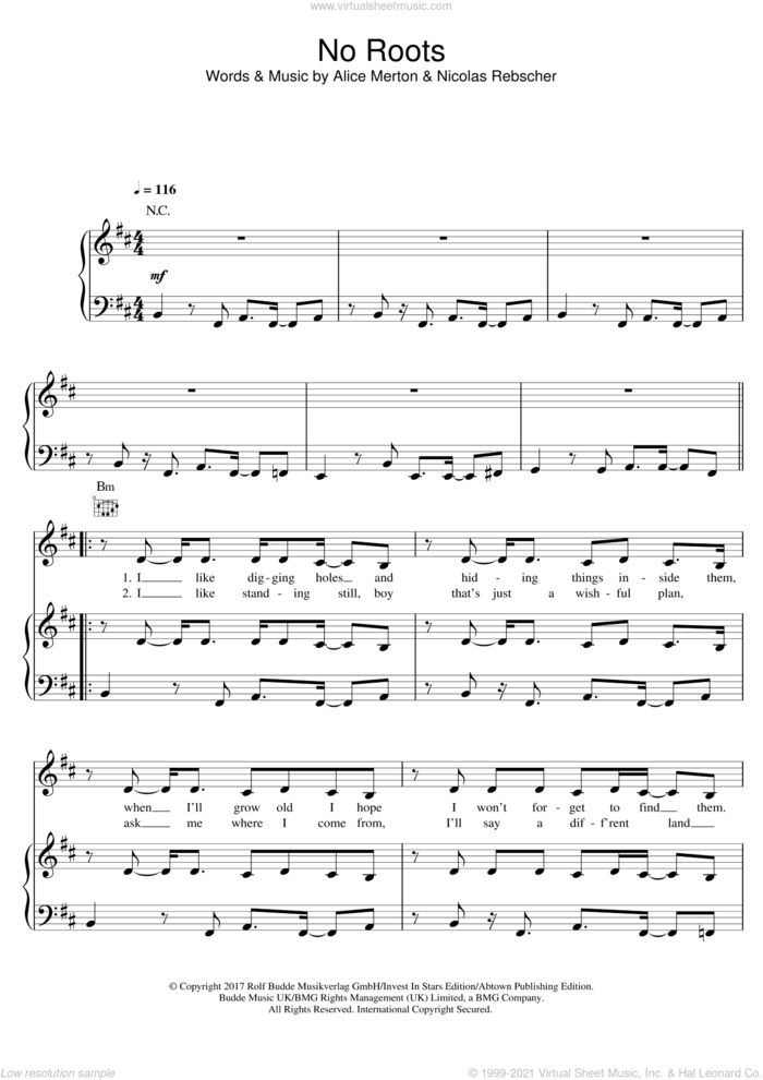 No Roots sheet music for voice, piano or guitar by Alice Merton and Nicolas Rebscher, intermediate skill level