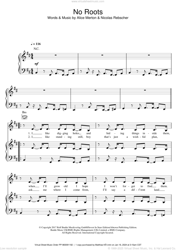 No Roots sheet music for voice, piano or guitar by Alice Merton and Nicolas Rebscher, intermediate skill level