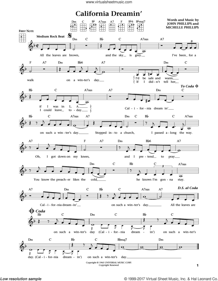 California Dreamin' (from The Daily Ukulele) (arr. Liz and Jim Beloff) sheet music for ukulele by The Mamas & The Papas, Jim Beloff, Liz Beloff, John Phillips and Michelle Phillips, intermediate skill level
