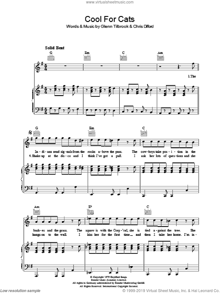 Cool For Cats sheet music for voice, piano or guitar by Squeeze, Chris Difford and Glenn Tilbrook, intermediate skill level