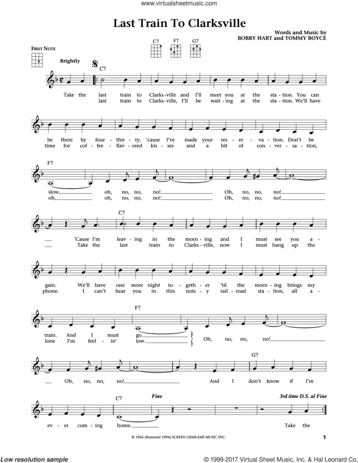 Last Train To Clarksville (from The Daily Ukulele) (arr. Liz and Jim Beloff) sheet music for ukulele by The Monkees, Jim Beloff, Liz Beloff, Bobby Hart and Tommy Boyce, intermediate skill level