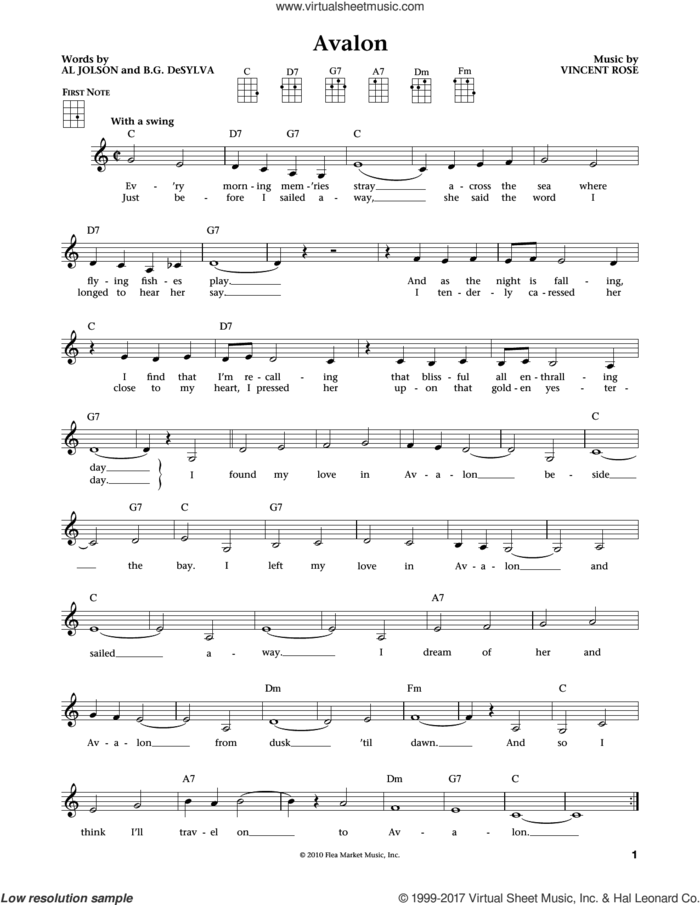 Avalon (from The Daily Ukulele) (arr. Liz and Jim Beloff) sheet music for ukulele by Buddy DeSylva, Jim Beloff, Liz Beloff, Al Jolson and Vincent Rose, intermediate skill level