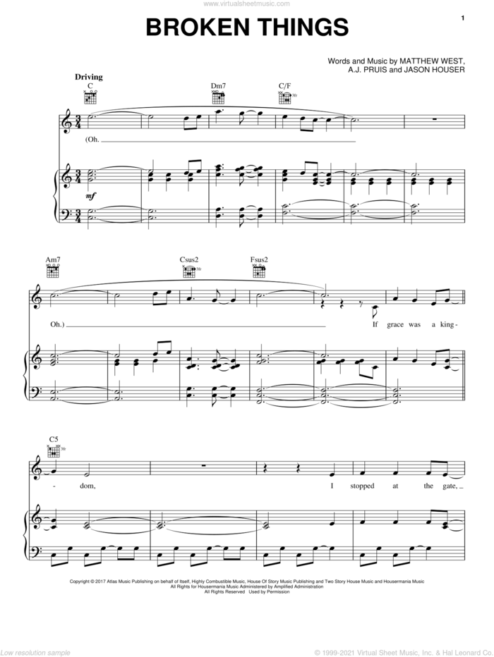 Broken Things sheet music for voice, piano or guitar by Matthew West, A.J. Pruis and Jason Houser, intermediate skill level