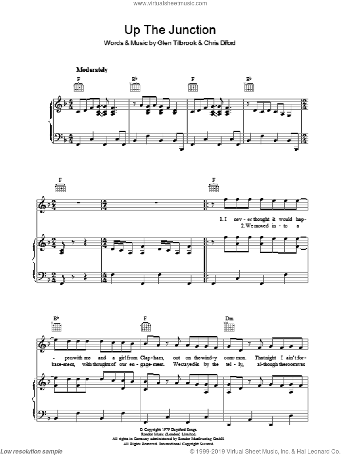 Up The Junction sheet music for voice, piano or guitar by Squeeze, Chris Difford and Glenn Tilbrook, intermediate skill level