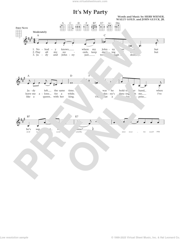 It's My Party (from The Daily Ukulele) (arr. Liz and Jim Beloff) sheet music for ukulele by Lesley Gore, Jim Beloff, Liz Beloff, Herb Wiener, John Gluck Jr. and Wally Gold, intermediate skill level