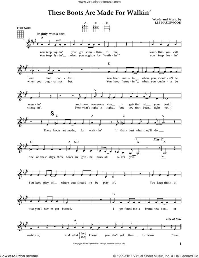 These Boots Are Made For Walkin' (from The Daily Ukulele) (arr. Liz and Jim Beloff) sheet music for ukulele by Nancy Sinatra, Jim Beloff, Liz Beloff and Lee Hazlewood, intermediate skill level
