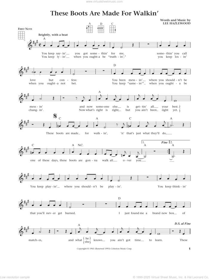 These Boots Are Made For Walkin' (from The Daily Ukulele) (arr. Liz and Jim Beloff) sheet music for ukulele by Nancy Sinatra, Jim Beloff, Liz Beloff and Lee Hazlewood, intermediate skill level