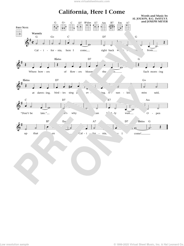 California, Here I Come (from The Daily Ukulele) (arr. Liz and Jim Beloff) sheet music for ukulele by Benny Goodman & His Orchestra, Jim Beloff, Liz Beloff, Al Jolson, Buddy DeSylva and Joseph Meyer, intermediate skill level