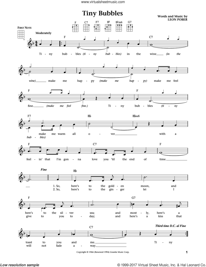 Tiny Bubbles (from The Daily Ukulele) (arr. Liz and Jim Beloff) sheet music for ukulele by Leon Pober, Jim Beloff and Liz Beloff, intermediate skill level