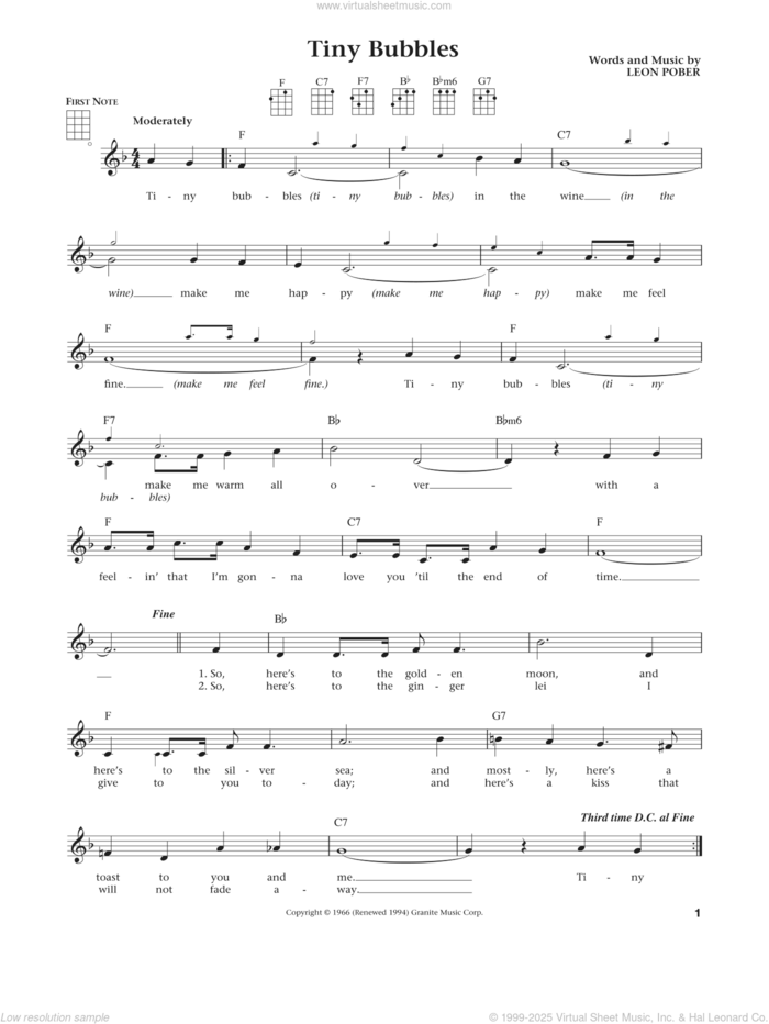 Tiny Bubbles (from The Daily Ukulele) (arr. Liz and Jim Beloff) sheet music for ukulele by Leon Pober, Jim Beloff and Liz Beloff, intermediate skill level