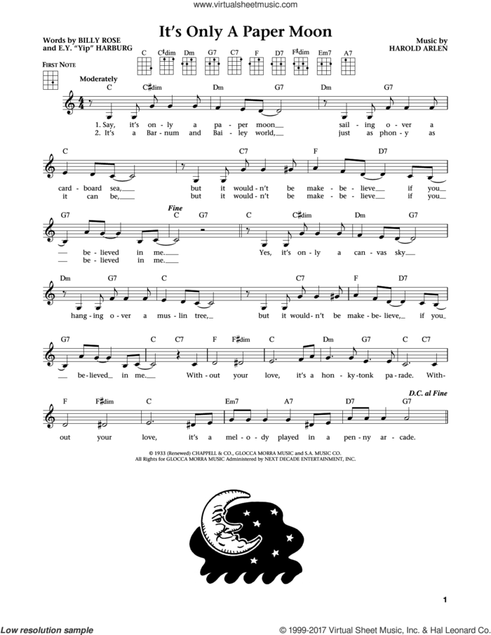 It's Only A Paper Moon (from The Daily Ukulele) (arr. Liz and Jim Beloff) sheet music for ukulele by Harold Arlen, Jim Beloff, Liz Beloff, Billy Rose and E.Y. Harburg, intermediate skill level