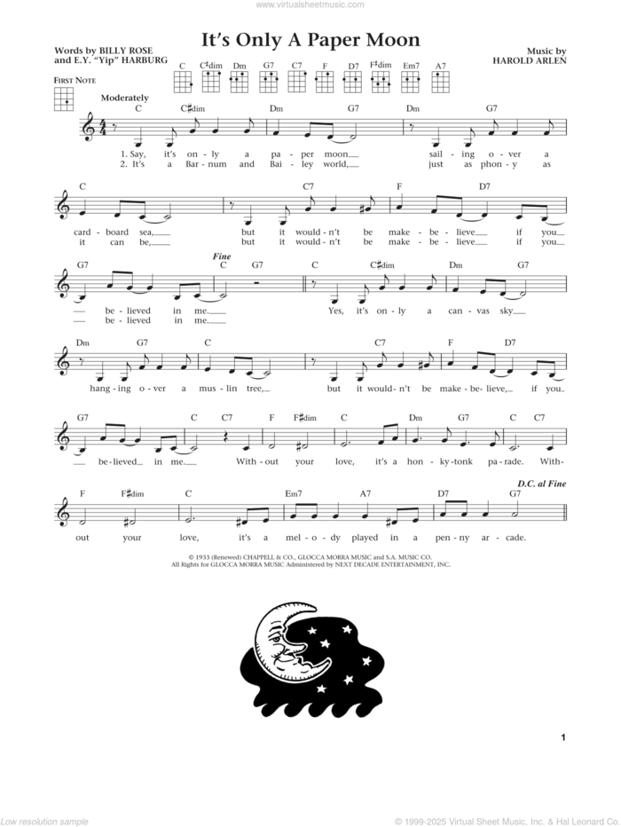 It's Only A Paper Moon (from The Daily Ukulele) (arr. Liz and Jim Beloff) sheet music for ukulele by Harold Arlen, Jim Beloff, Liz Beloff, Billy Rose and E.Y. Harburg, intermediate skill level