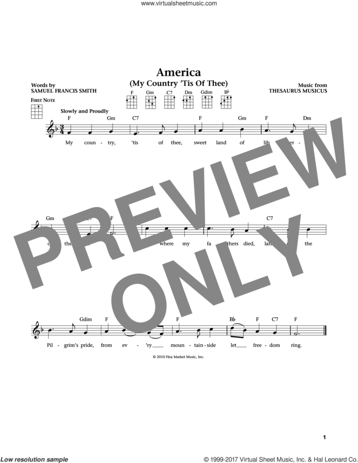 My Country, 'Tis Of Thee (America) (from The Daily Ukulele) (arr. Liz and Jim Beloff) sheet music for ukulele by Thesaurus Musicus, Jim Beloff, Liz Beloff and Samuel Francis Smith, intermediate skill level