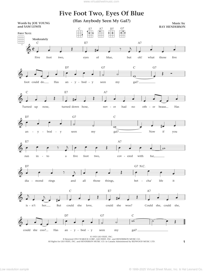 Five Foot Two, Eyes Of Blue (Has Anybody Seen My Girl?) (The Daily Ukulele) (arr Liz and Jim Beloff) sheet music for ukulele by Ray Henderson, Jim Beloff, Liz Beloff, Joe Young and Sam Lewis, intermediate skill level