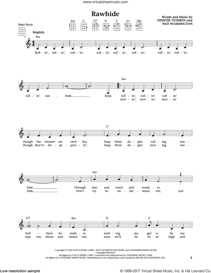 Rawhide (from The Daily Ukulele) (arr. Liz and Jim Beloff) sheet music for ukulele by Ned Washington, Jim Beloff, Liz Beloff and Dimitri Tiomkin, intermediate skill level