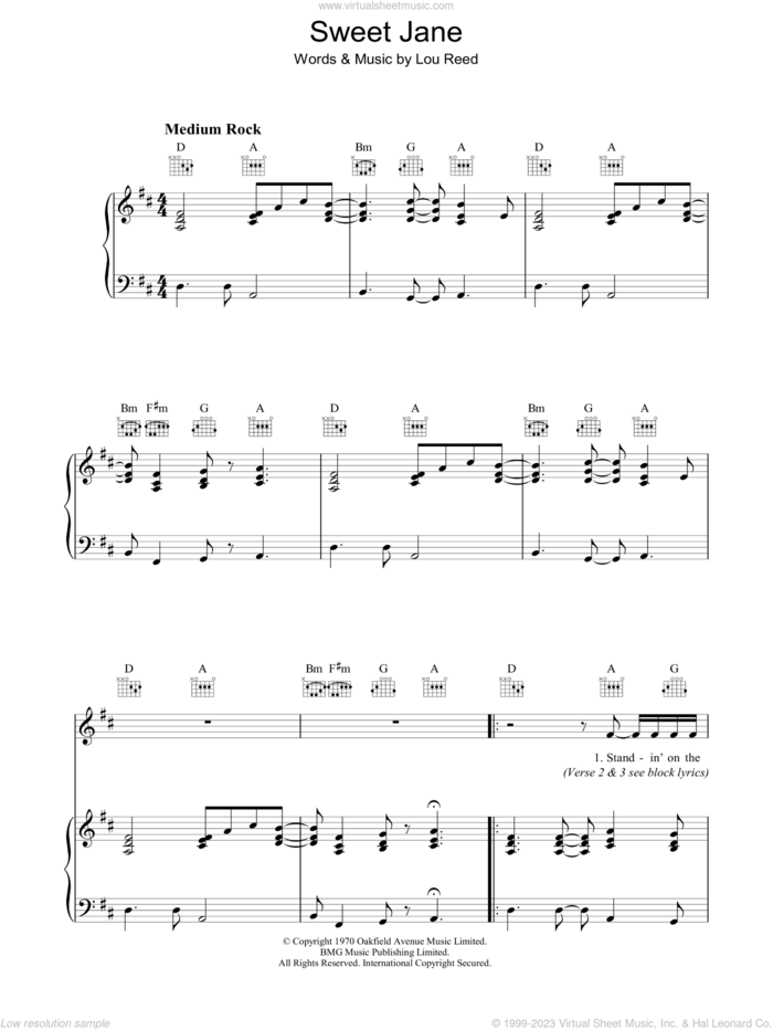 Sweet Jane sheet music for voice, piano or guitar by The Velvet Underground and Lou Reed, intermediate skill level