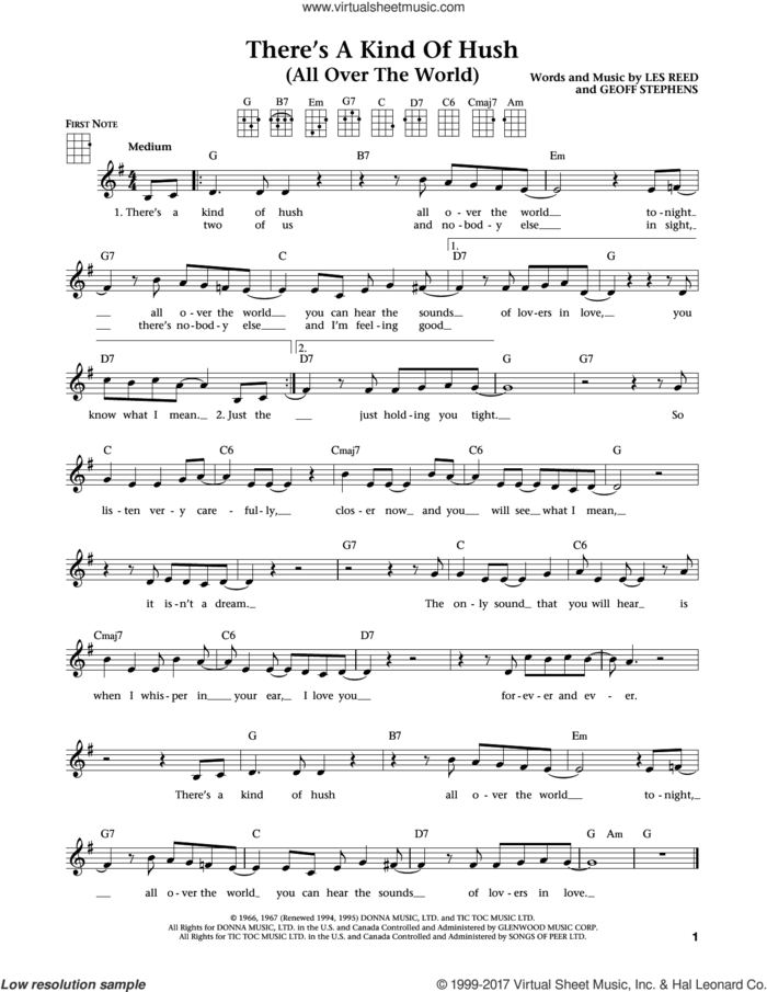 There's A Kind Of Hush (All Over The World) (from The Daily Ukulele) (arr. Liz and Jim Beloff) sheet music for ukulele by Herman's Hermits, Jim Beloff, Liz Beloff, Carpenters, Geoff Stephens and Les Reed, intermediate skill level