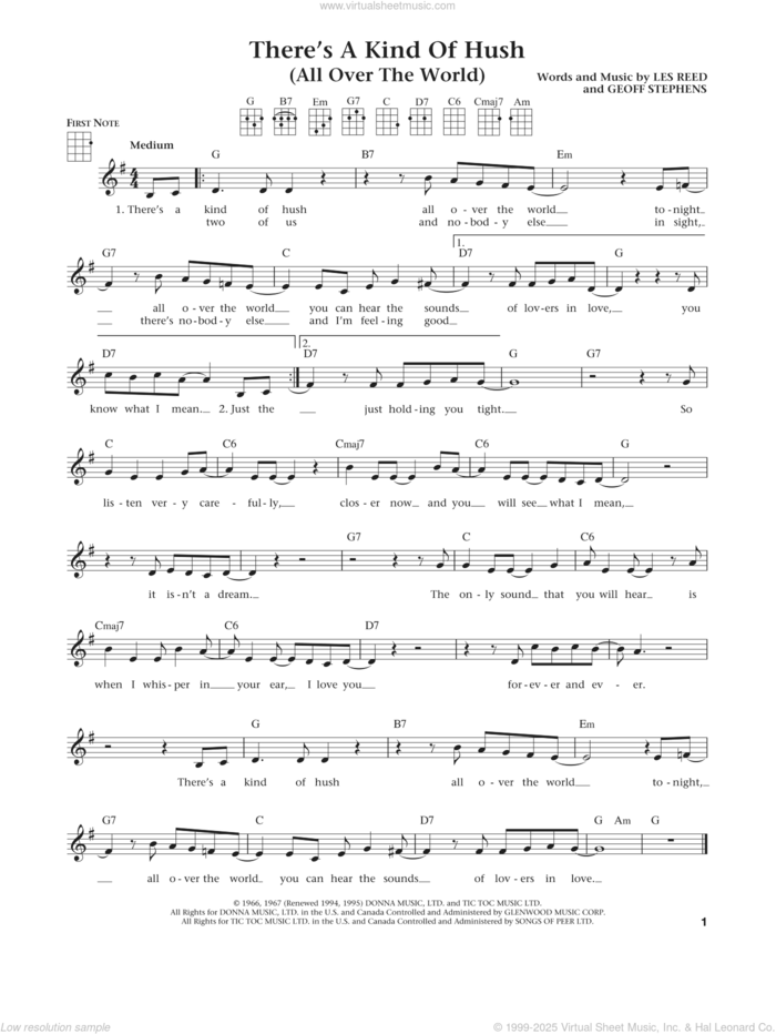 There's A Kind Of Hush (All Over The World) (from The Daily Ukulele) (arr. Liz and Jim Beloff) sheet music for ukulele by Herman's Hermits, Jim Beloff, Liz Beloff, Carpenters, Geoff Stephens and Les Reed, intermediate skill level