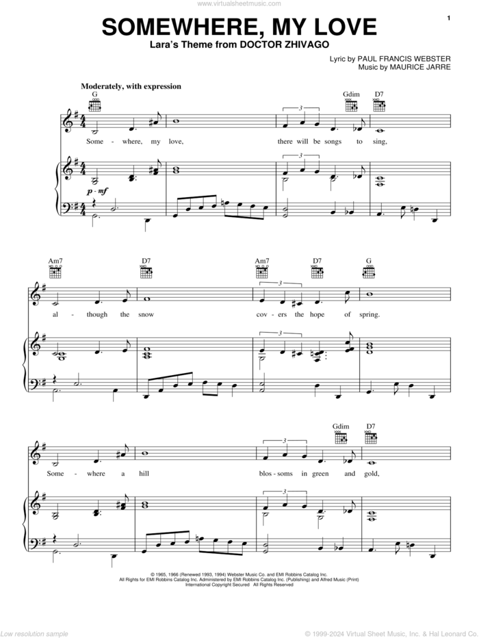 Somewhere, My Love sheet music for voice, piano or guitar by Maurice Jarre and Paul Francis Webster, wedding score, intermediate skill level