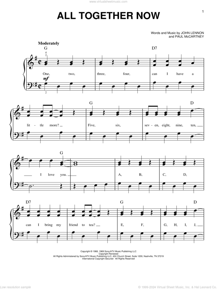 All Together Now sheet music for piano solo by The Beatles, John Lennon and Paul McCartney, easy skill level