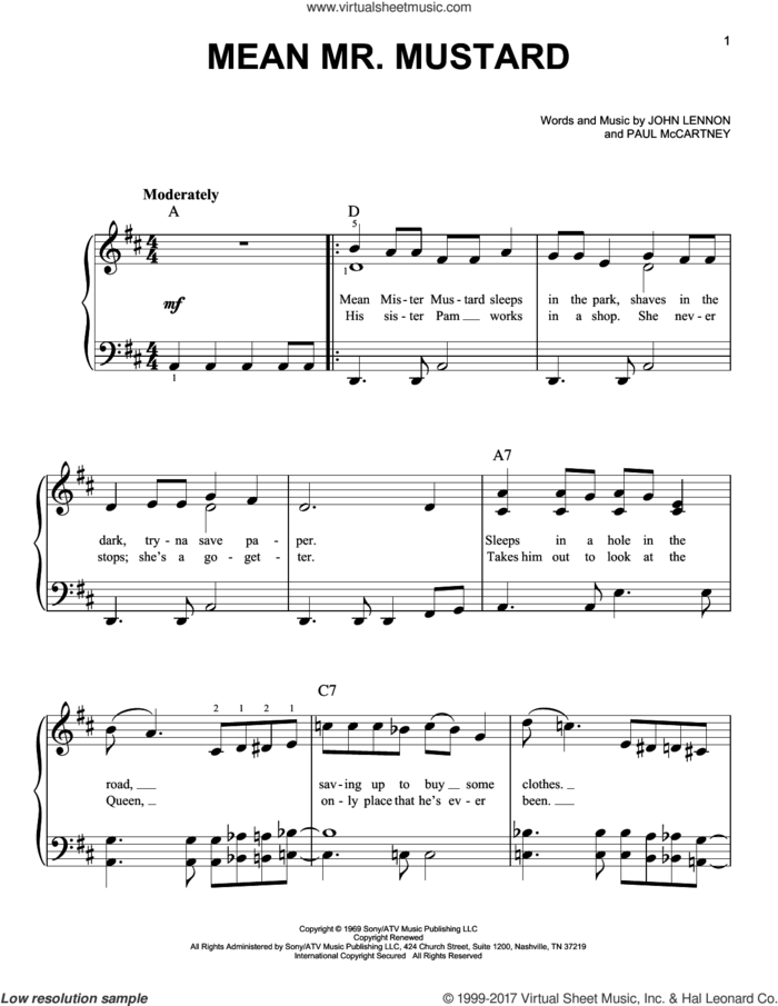 Mean Mr. Mustard sheet music for piano solo by The Beatles, John Lennon and Paul McCartney, easy skill level