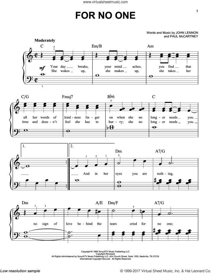 For No One sheet music for piano solo by The Beatles, John Lennon and Paul McCartney, easy skill level