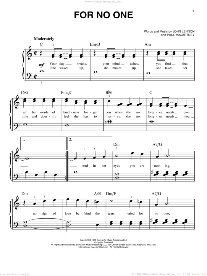 For No One sheet music for piano solo by The Beatles, John Lennon and Paul McCartney, easy skill level