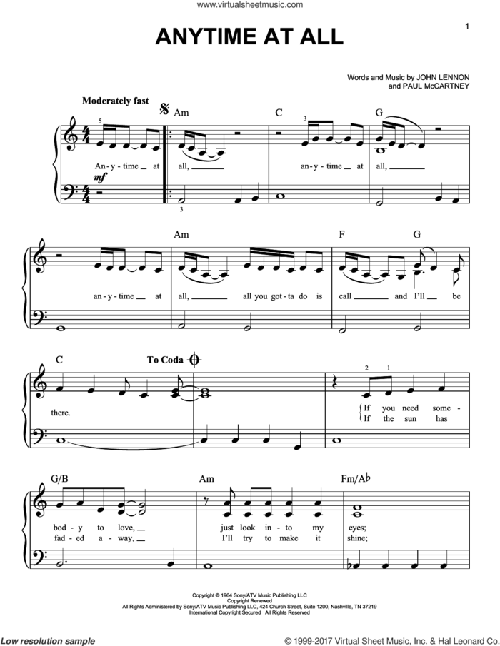 Anytime At All sheet music for piano solo by The Beatles, John Lennon and Paul McCartney, easy skill level