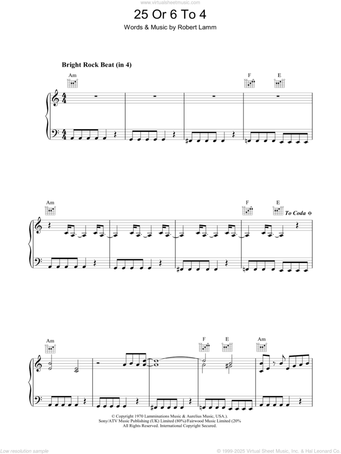 25 Or 6 To 4 sheet music for voice, piano or guitar by Chicago and Robert Lamm, intermediate skill level